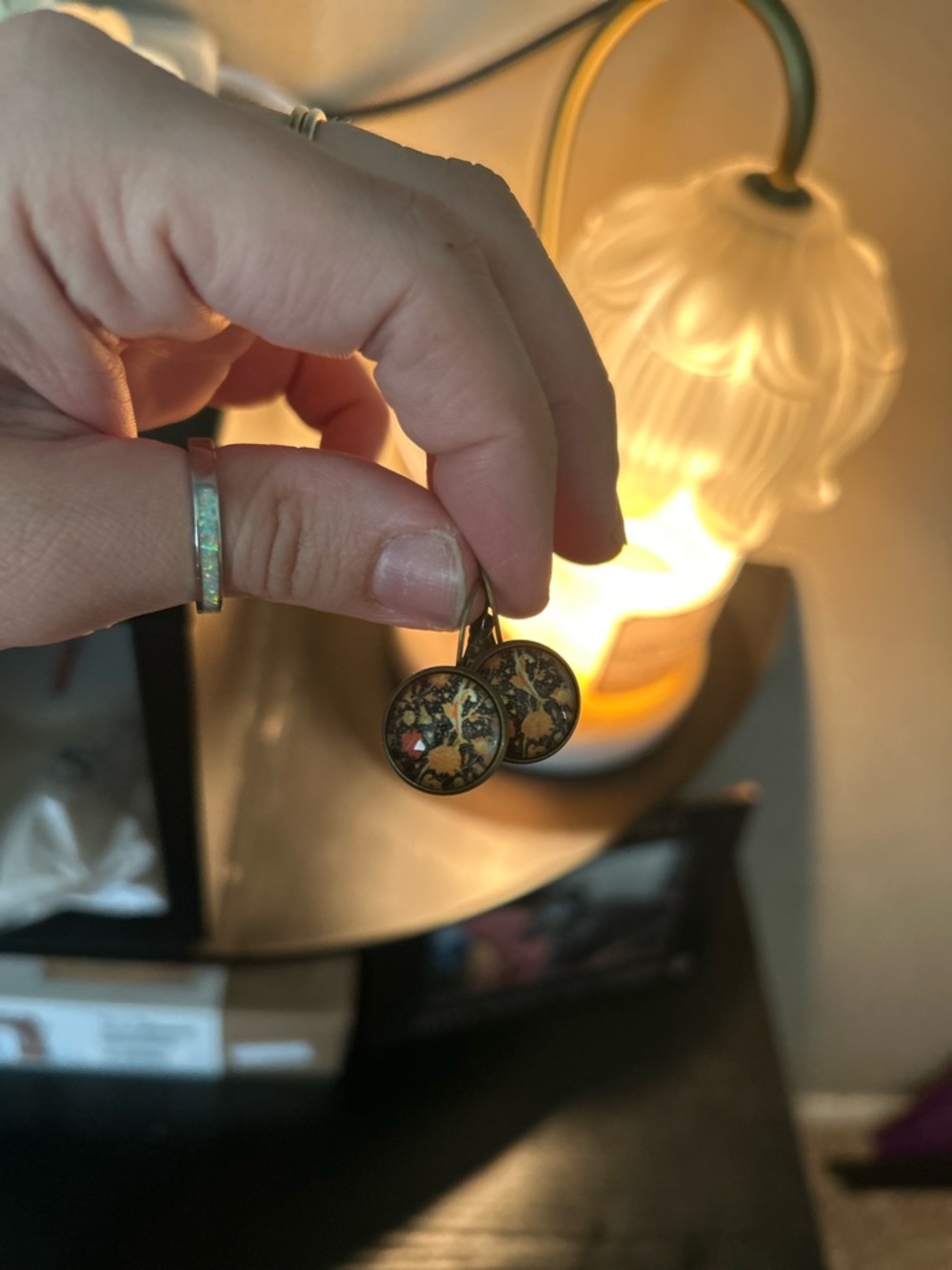 Round Tree Print Dangle Earrings in Antique Brass